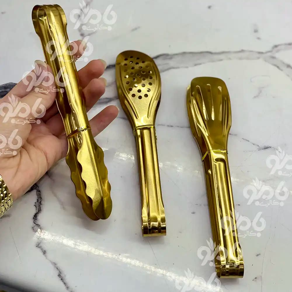 انبر سالاد استیل 3عددی وارداتی طلایی — تصویر ۲
