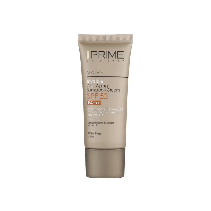 کرم ضد آفتاب بدون رنگ پرایم SPF50 مدل Matex Colorless محافظ UVA ،UVB و +++PA ضد چروک، ضد پیری، مناسب انواع پوست حجم 40 میلی‌لیتر
