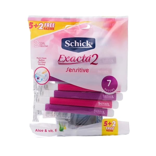 خودتراش یکبار مصرف 2 لبه مدل Intuition Exacta 2 Sensitive صورتی شیک بسته 7 عددی — تصویر ۲