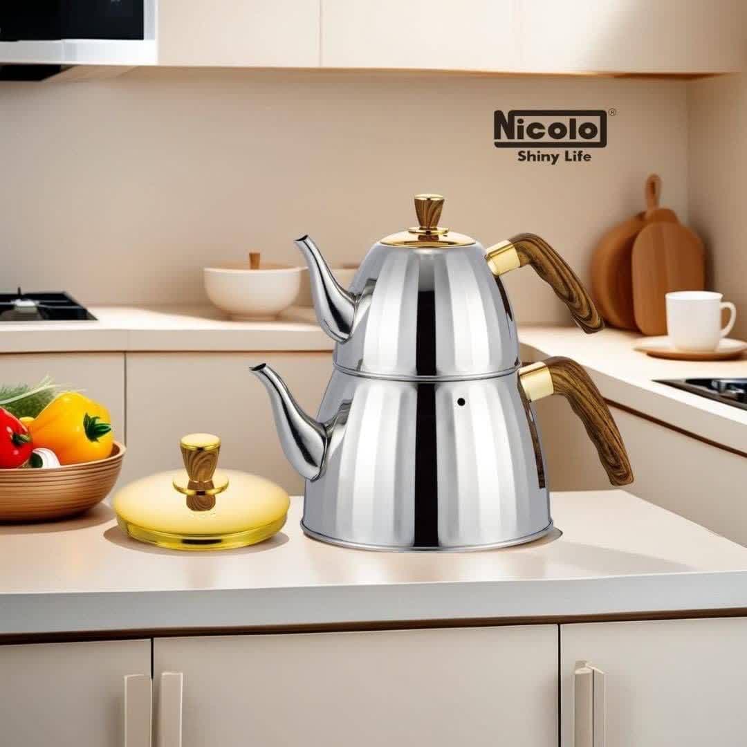کتری قوری استیل Nicolo نیکولو دسته باکالیت طرح چوبی براق 3 لیتری در سه رنگ نقره ای و طلایی و رزگلد — تصویر ۲