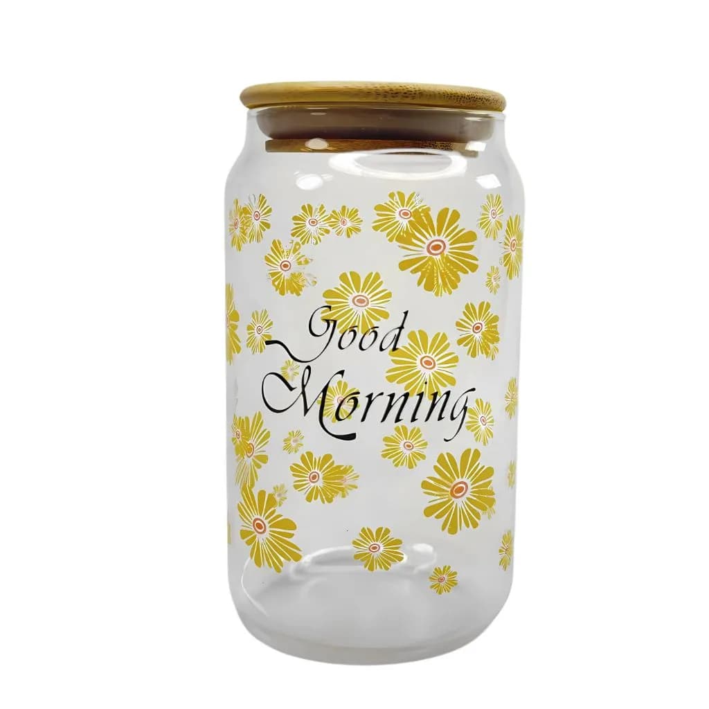لیوان اسموتی پیرکس مدل استوانه good morning طرح گل کد M244