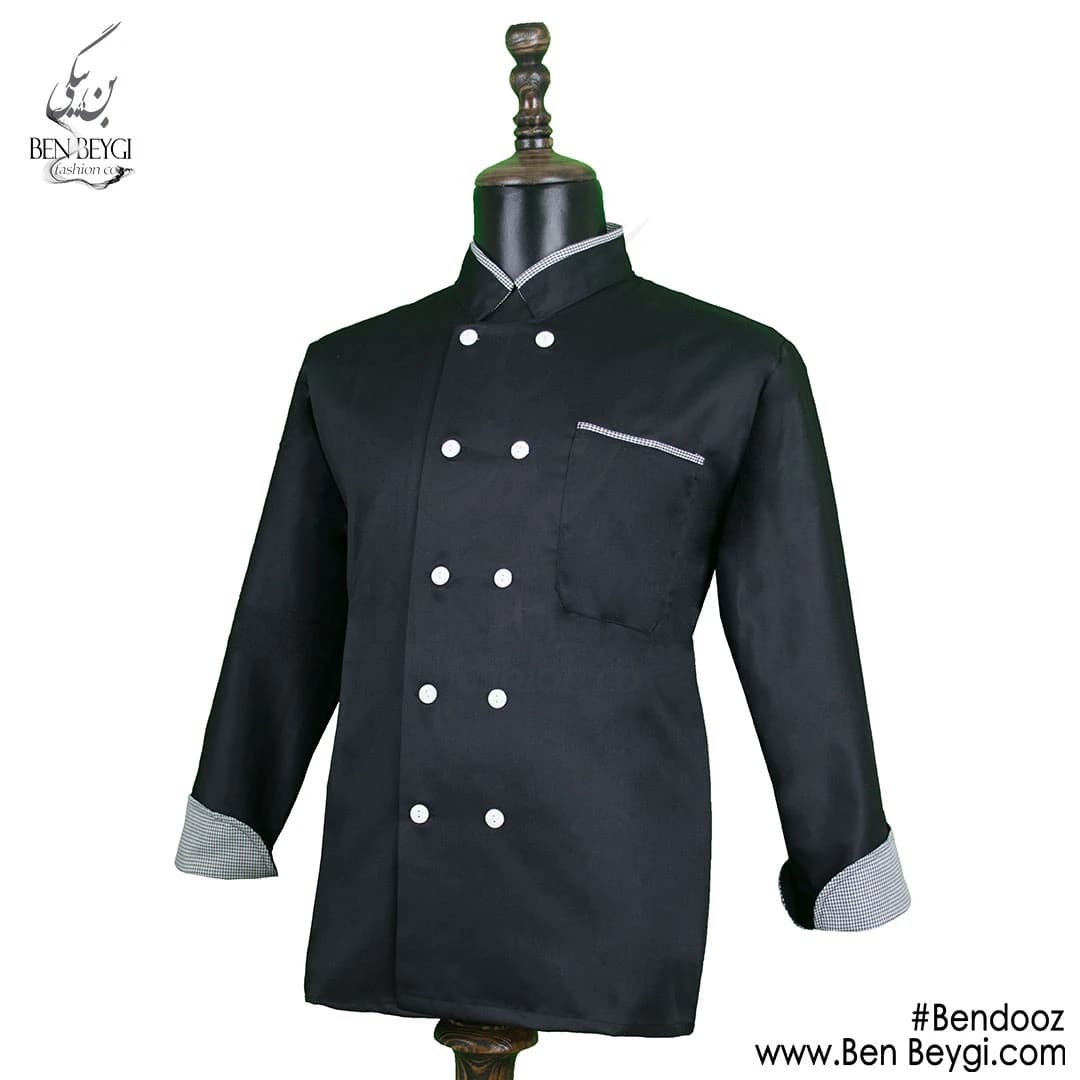 پیراهن آشپزی پارچه ترگال دو ردیف دکمه آستین بلند خرجکار پیجازی رنگ مشکی کد IR-4521