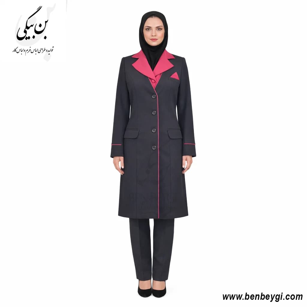 مانتو اداری سرمه‌ای قزمر شومیزدار پارچه بزیاق کد 3870