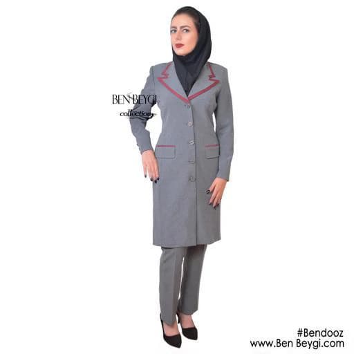 مانتو و شلوار اداری طوسی روشن پنج دکمه پارچه بزیاق کد 3599