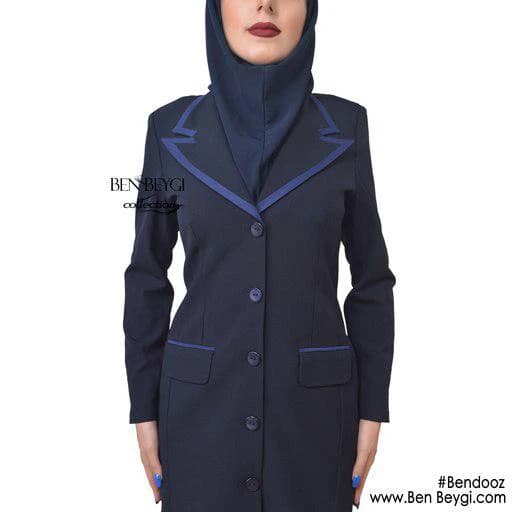 مانتو و شلوار اداری سرمه ای یقه بلیزر پارچه بزیاق 33594 — تصویر ۳