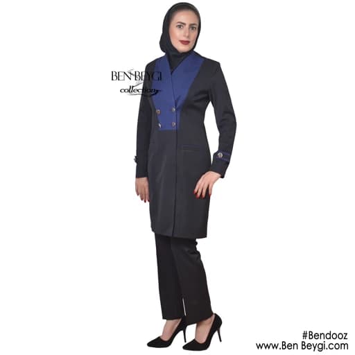مانتو و شلوار اداری سرمه ای چهار دکمه سرآستین پاگون دار پارچه بزیاق کد 3568 — تصویر ۲