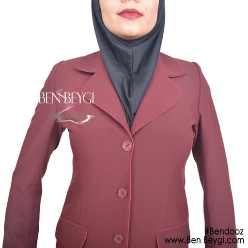 مانتو اداری زرشکی یقه انگلیسی پارچه بزیاق کد 3465 — تصویر ۲