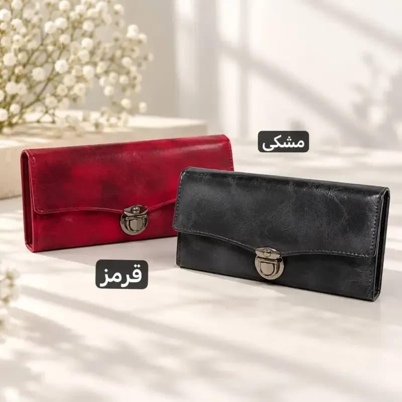 کیف پول چرم مصنوعی زنانه با قفل و جیب داخلی و بیرونی — تصویر ۶