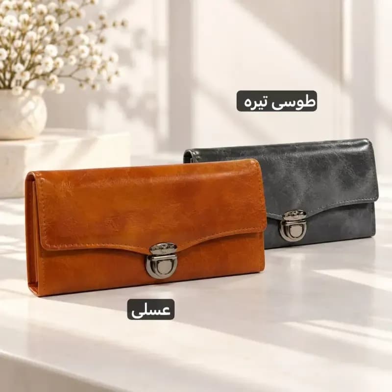 کیف پول چرم مصنوعی زنانه با قفل و جیب داخلی و بیرونی — تصویر ۸