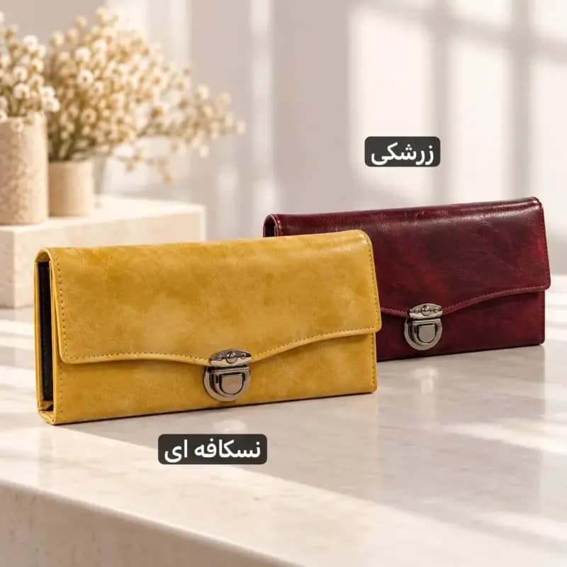 کیف پول چرم مصنوعی زنانه با قفل و جیب داخلی و بیرونی — تصویر ۷