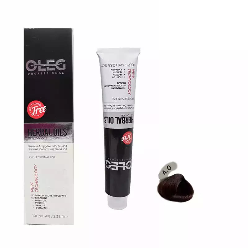 رنگ مو قهوه ای متوسط شماره 4.0 اولگ (OLEG) بدون آمونیاک حاوی ترکیبات گیاهی (HERBAL OILS) حجم 100 میلی لیتر