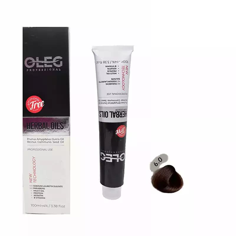 رنگ مو بلوند تیره شماره 6.0 اولگ (OLEG) بدون آمونیاک حاوی ترکیبات گیاهی (HERBAL OILS) حجم 100 میلی لیتر