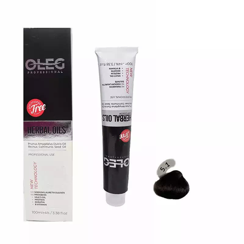 رنگ مو قهوه ای خاکستری روشن شماره 5.1 اولگ (OLEG) بدون آمونیاک حاوی ترکیبات گیاهی (HERBAL OILS) حجم 100 میلی لیتر