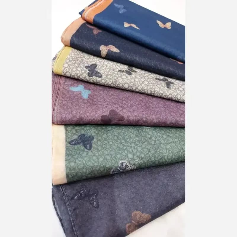 روسری زنانه نخی طرح پروانه دوردوخت قواره یک متری رنگبندی متنوع — تصویر ۳