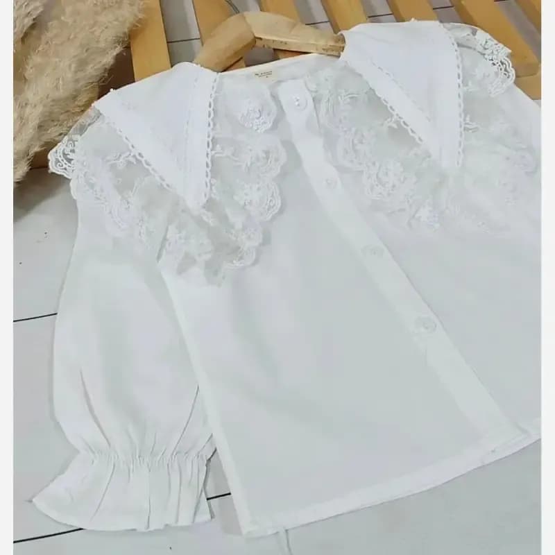 شومیز مجلسی دخترانه کتان نخ یقه گیپور وارداتی سایز 3 تا 8 سال — تصویر ۱۰
