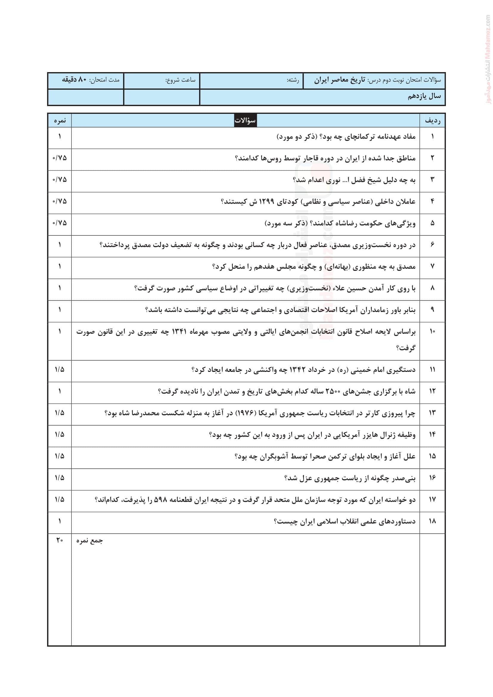 امتحان نوبت خرداد ماه تاریخ معاصر ایران پایه یازدهم | با جواب