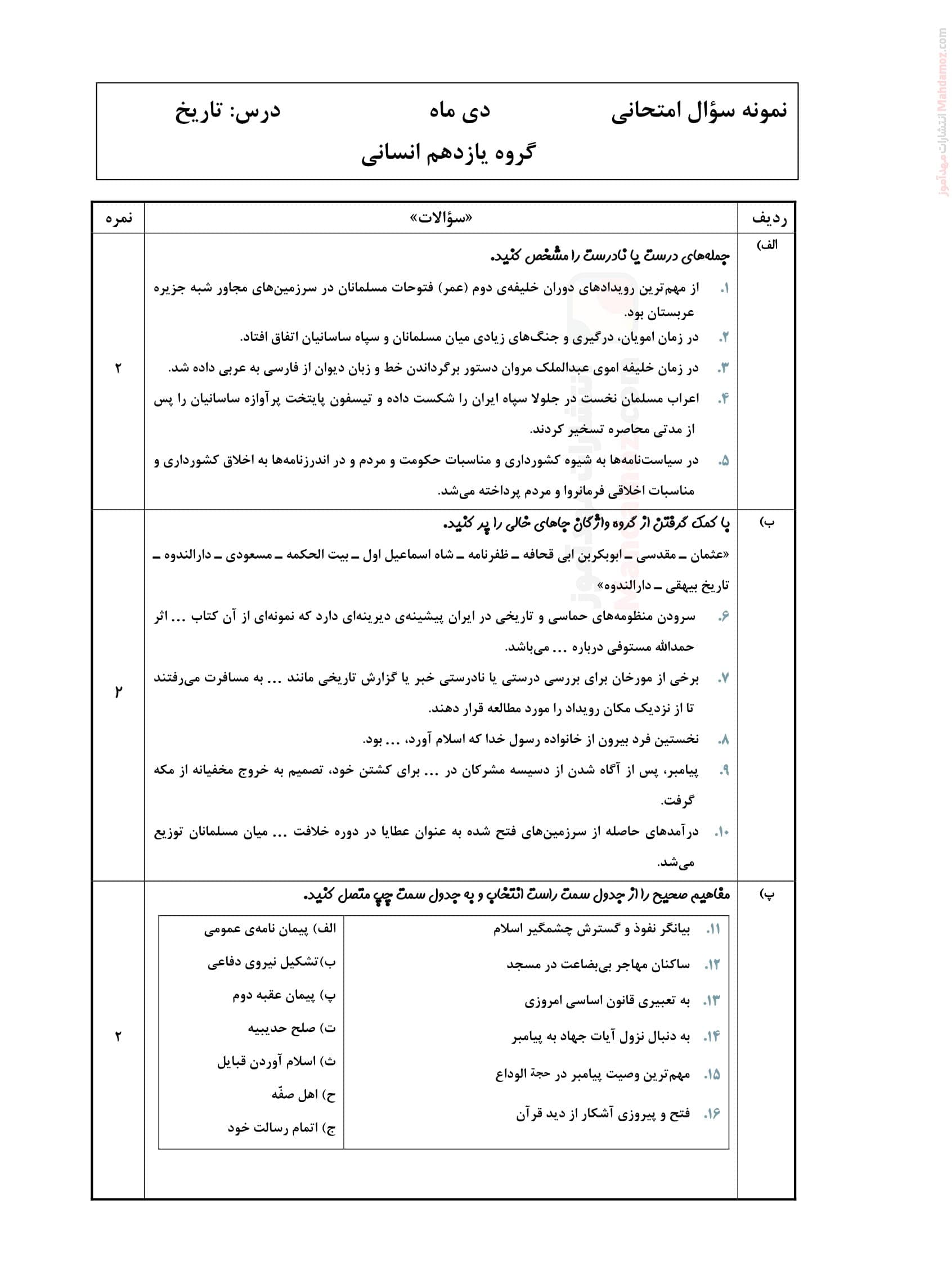 امتحانات نوبت اول تاریخ پایه یازدهم دبیرستان | با جواب