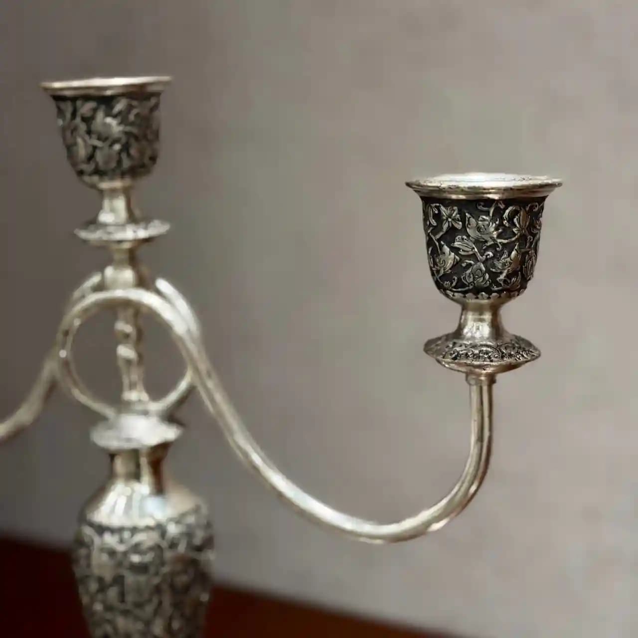 شمعدان نقره سه شاخه جفتی گل و مرغ درجه یک — تصویر ۹