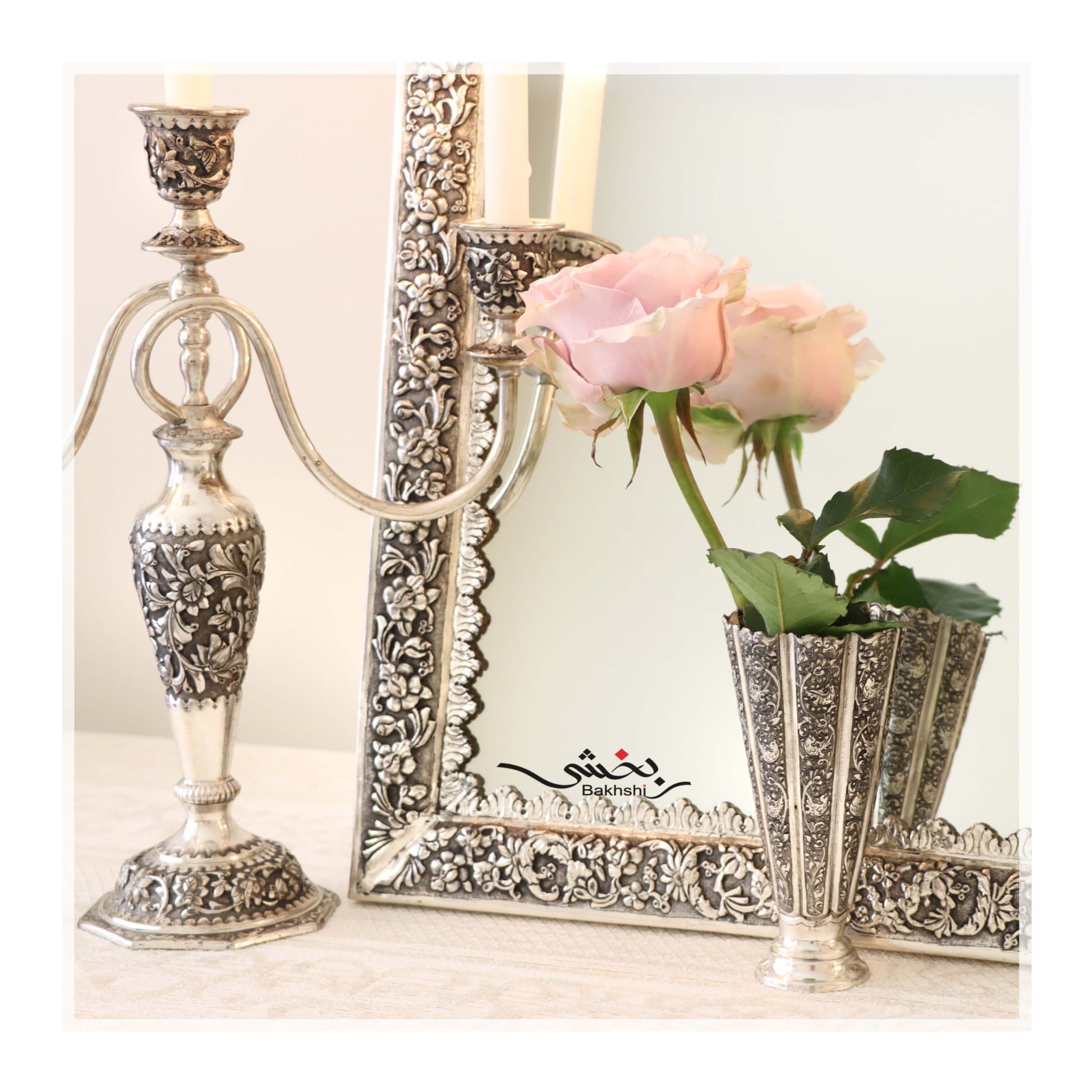 آینه و شمعدان سه شاخه نقره قلم گل و برجسته درجه یک _ عیار 90% _ 3572.5 گرم — تصویر ۲