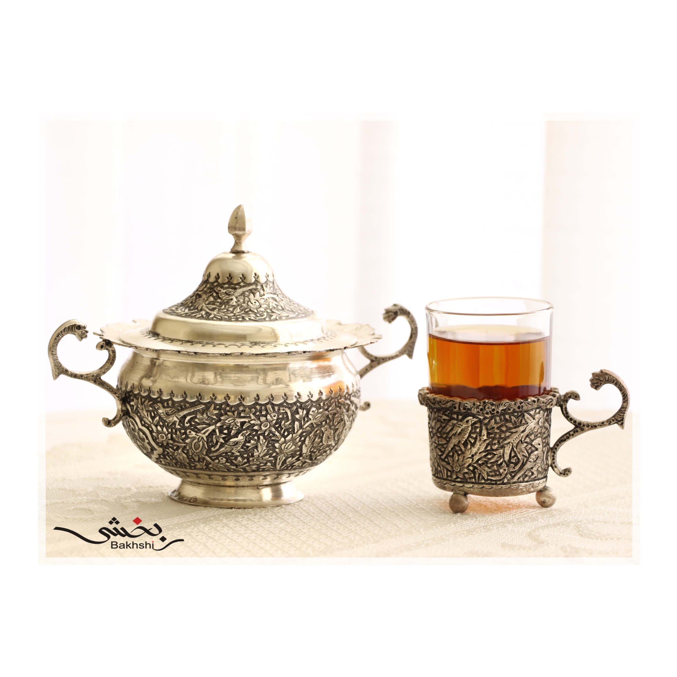 ست انگاره و قندان نقره قلم گل و مرغ درجه یک _ عیار 90% _ 961.7 گرم