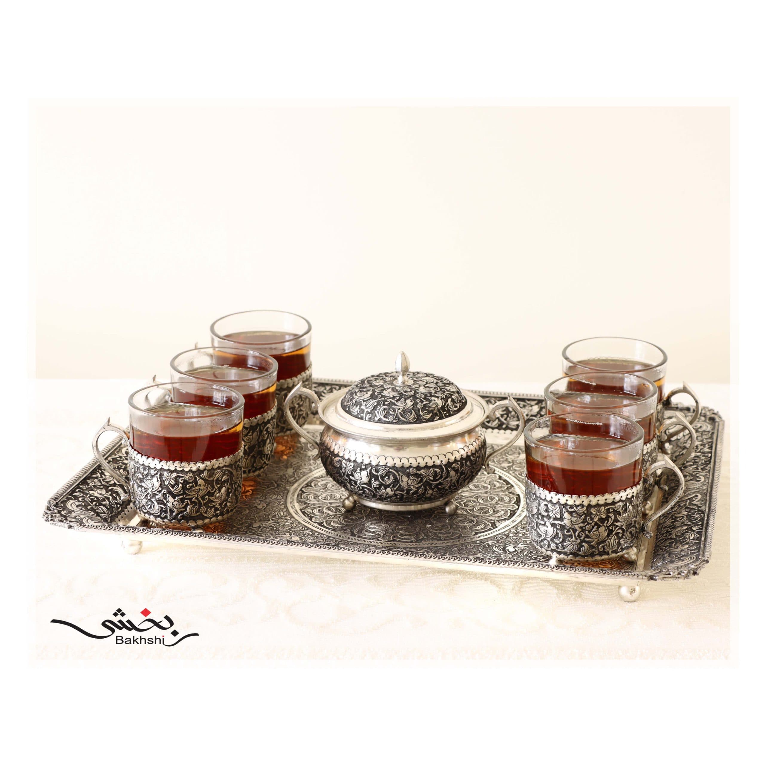 سرویس چای خوری نقره قلم گل و مرغ درجه یک _ عیار 90% _ 2010 گرم