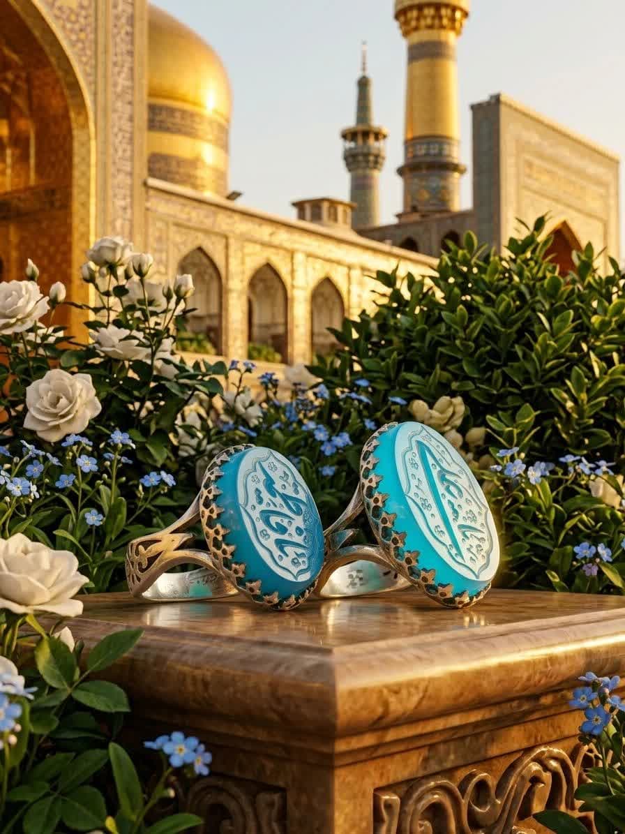ست انگشتر نقره زوجین یاعلی و یا فاطمه با سنگ عقیق آبی و رکاب نیزه | پیوندی از عشق، آرامش و معنویت کد 4178