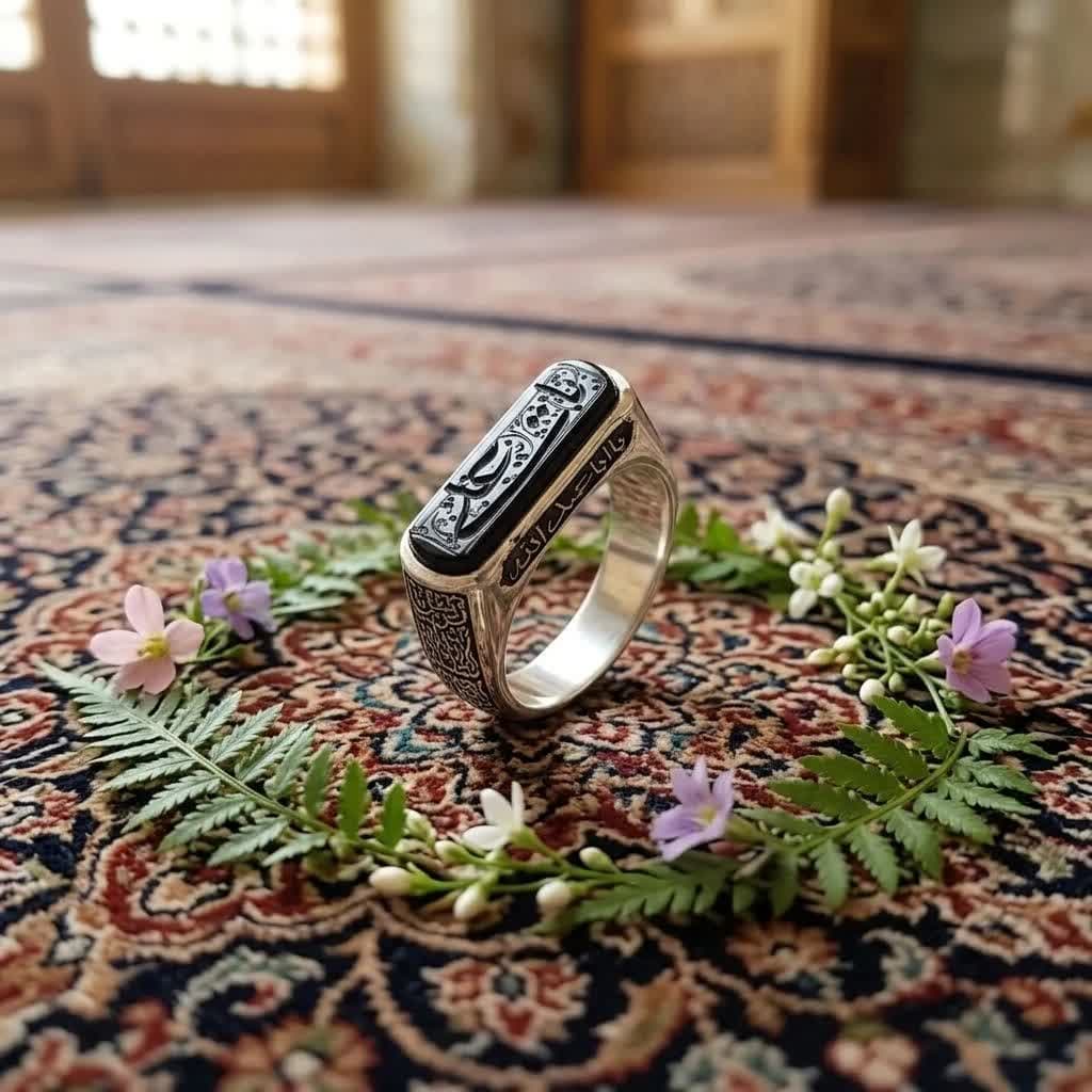 انگشتر نقره با سنگ عقیق مشکی حکاکی یا علی رکاب کپسولی کد 4189