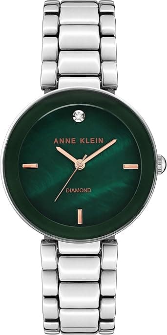 ساعت مچی زنانه Anne Klein با صفحه صدفی سبز و الماس اصل، بند استیل نقره‌ای