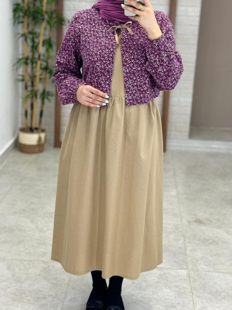 ست دو تیکه گندم کرم تیره کت بنفش — تصویر ۳