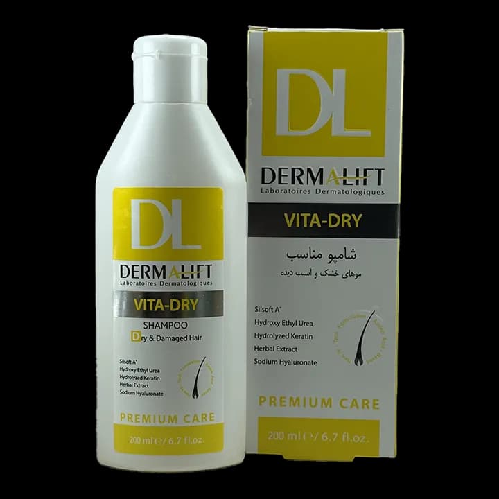 شامپو درمالیفت مدل VITA‑DRY – مناسب موهای خشک و آسیب‌دیده – حجم ۲۰۰ میلی‌لیتر