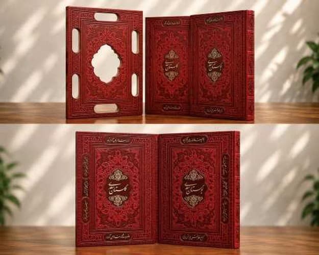 پک 2 جلدی گلستان و بوستان وزیری چرم گلاسه لیزری قابدار ( یاقوت کویر )