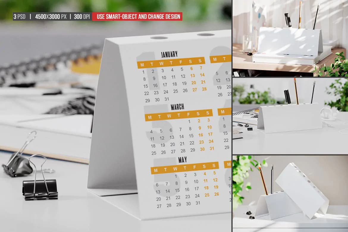 موکاپ تقویم رومیزی جا خودکاری دار — تصویر ۳