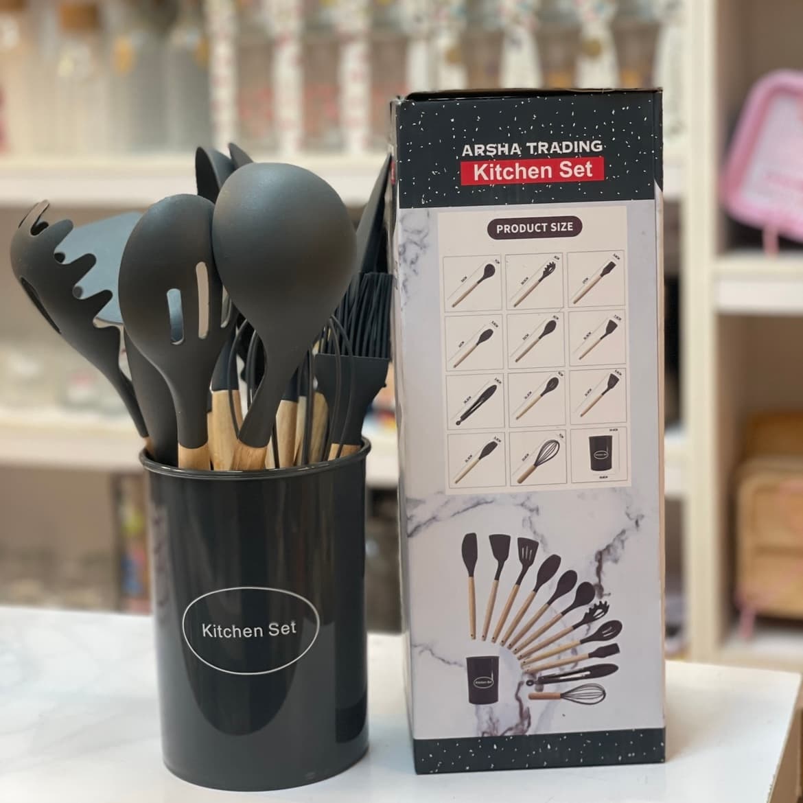 ست کفگیر و ملاقه ۱۲ پارچه سیلیکونی دسته چوبی Kitchen Set-ست بزرگ — تصویر ۳