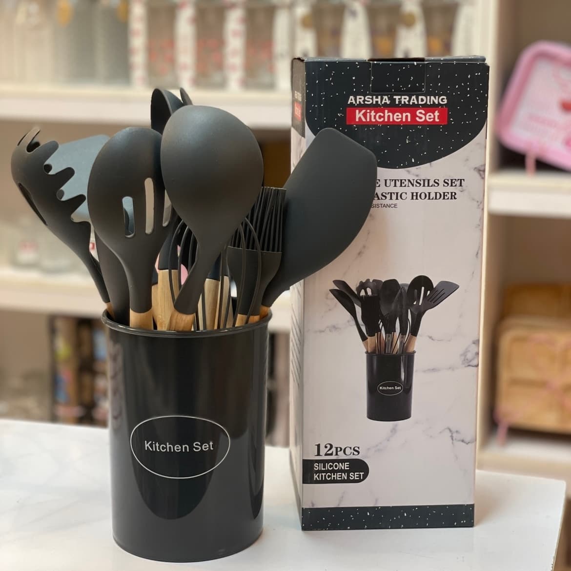 ست کفگیر و ملاقه ۱۲ پارچه سیلیکونی دسته چوبی Kitchen Set-ست بزرگ — تصویر ۴