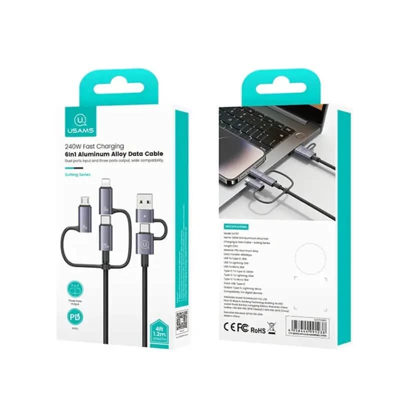 کابل شارژ 6in1 یوسمز مدل US-SJ738 با طول 2 متر توان 240 وات — تصویر ۳