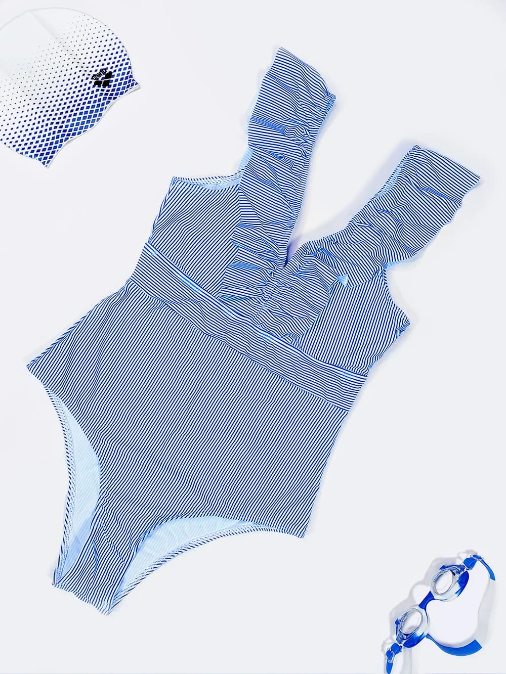 مایو اسلیپ زنانه فانتزی شیک به رنگ آبی با یقه چین دار هفت و کاپدار متحرک برای استخر