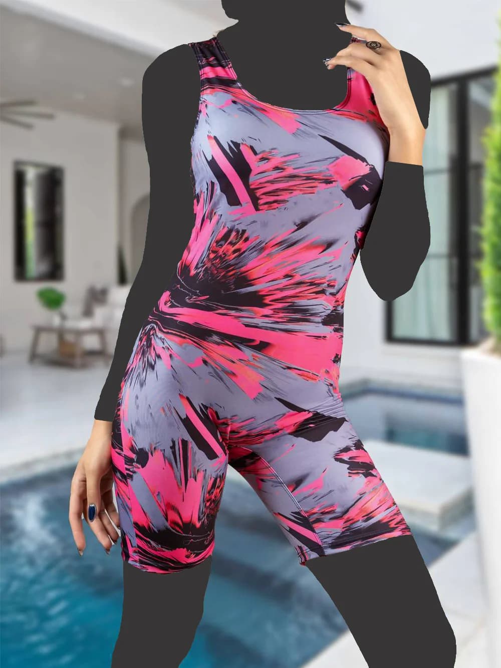 مایو پادار زنانه بلند برای استخر شنا بصورت کاپدار اسپیدو ( Speedo ) صورتی رنگ — تصویر ۳