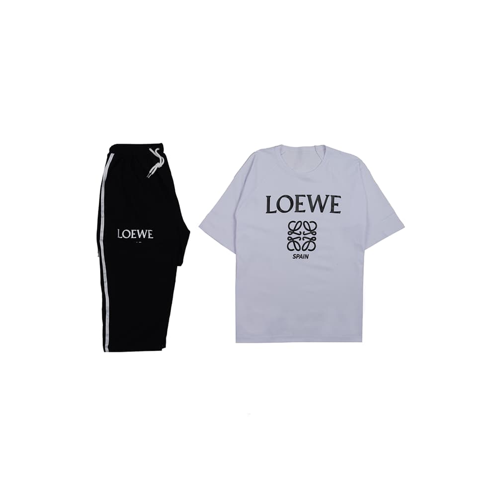 ست تیشرت شلوار برمودا زنانه جلو چاپ LOEWE سفید برند بلو رد Blue Re