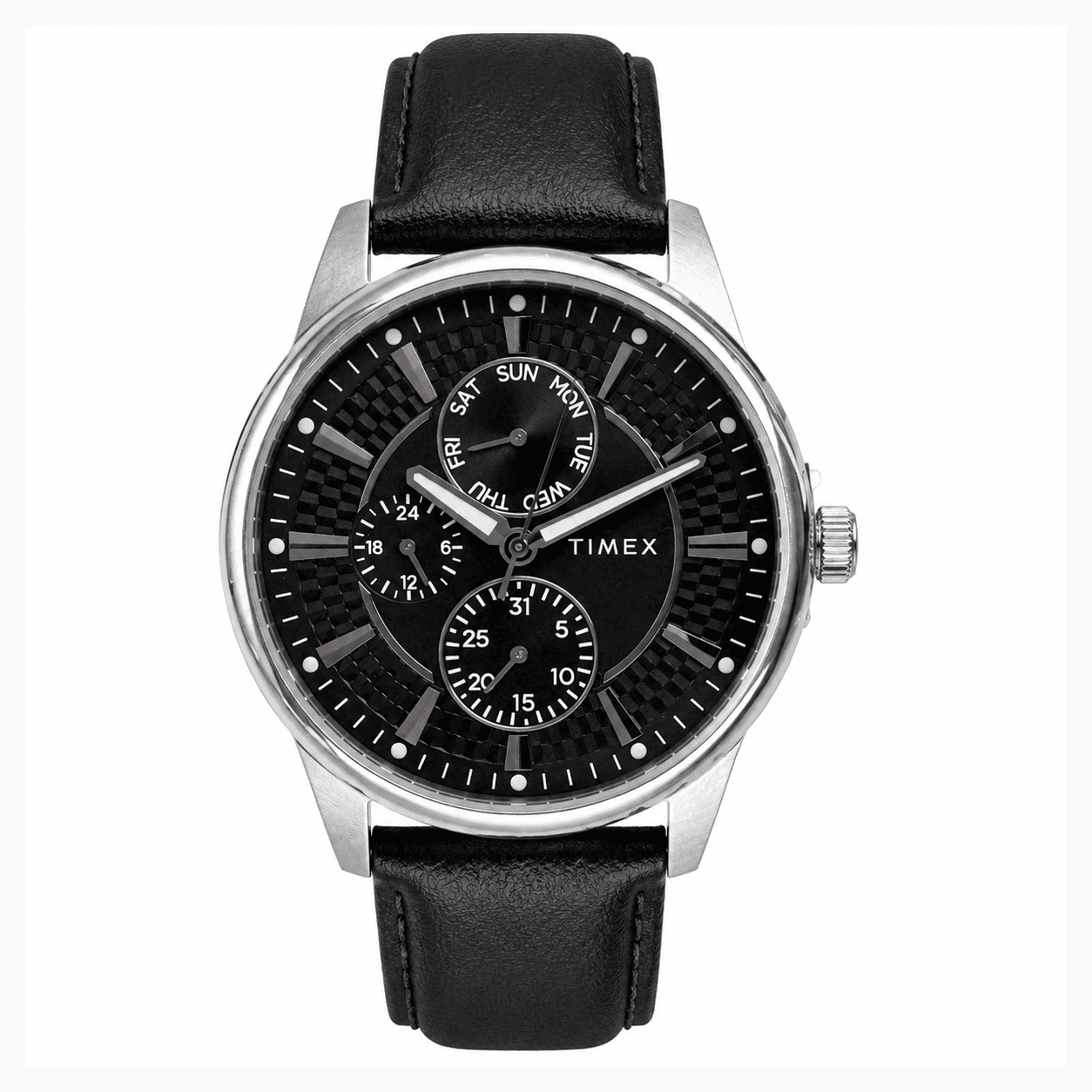 ساعت تایمکس مردانه tw2y21600 کلاسیک فریم دایره استیل بند چرم مشکی صفحه ای مشکی