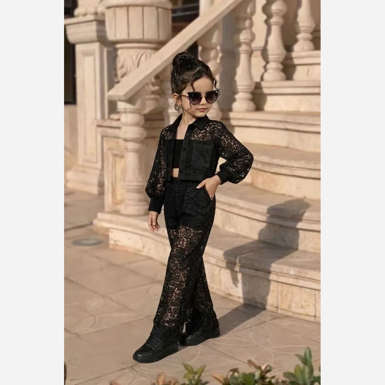 ست سه تکه دخترانه شومیز دانتل تاپ و شلوار سایز 40 تا 55 — تصویر ۳