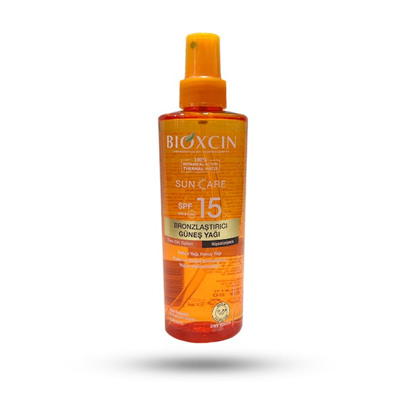 روغن آفتاب برنزه کننده بیوکسین SPF15 مناسب انواع پوست حجم 200 میل