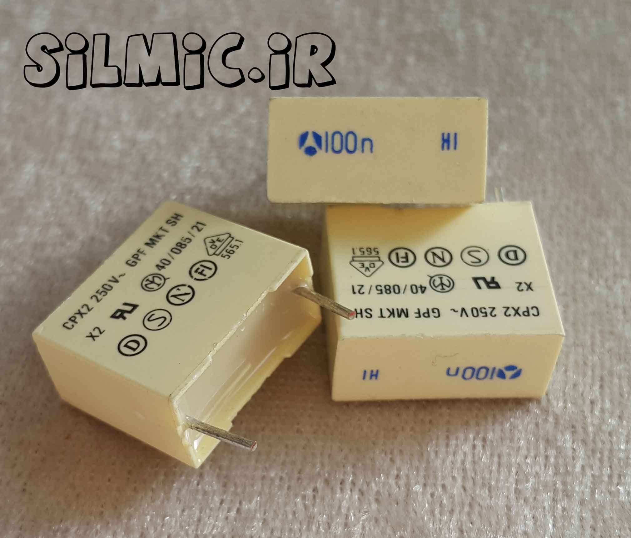 خازن 100 نانو فاراد 250 ولت ac سری MKT کلاس X2ساخت Thomson AVX ایتالیا
