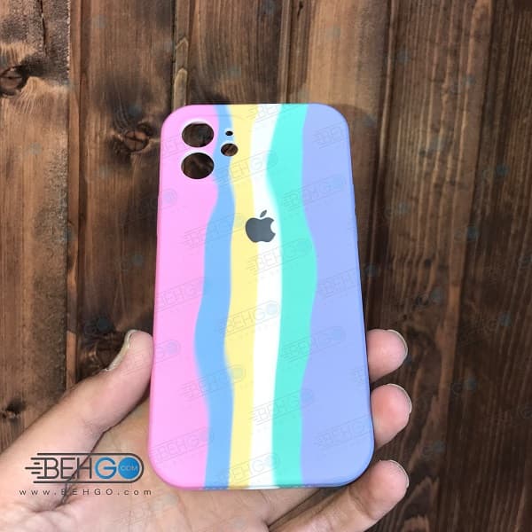 قاب گوشی آیفون 12 کاور سیلیکونی رنگین کمان با محافظ لنز دوربین iPhone 12 — تصویر ۳