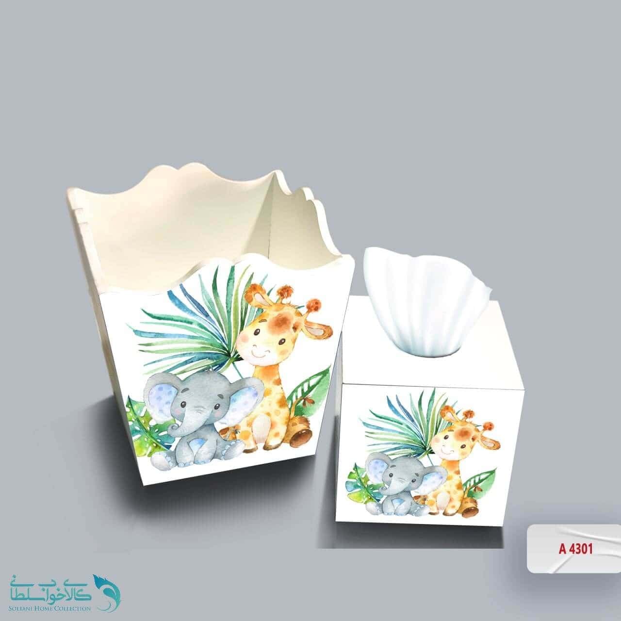 ست سطل و جا دستمال چوبی کودک طرح زرافه کد A4301