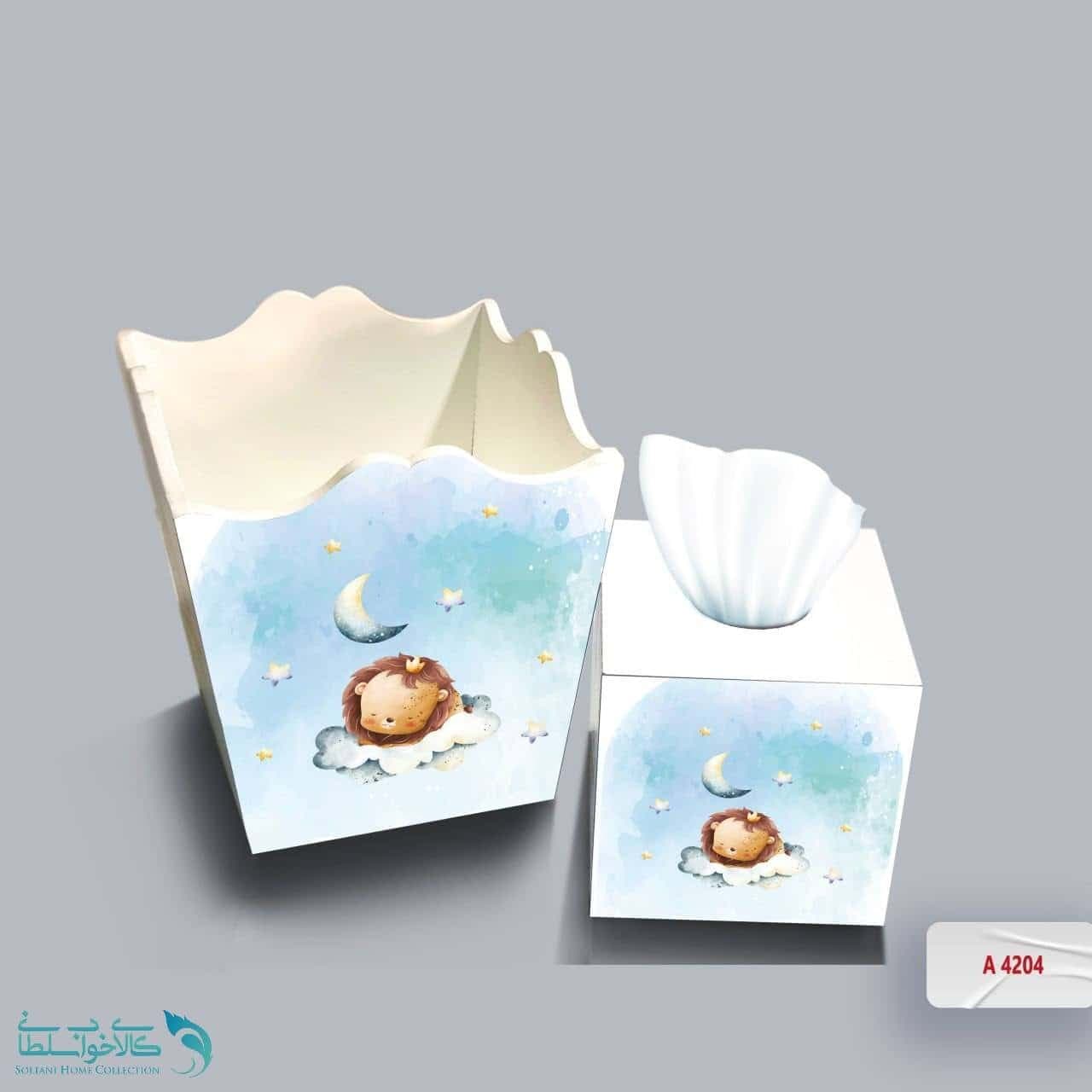 ست سطل و جا دستمال چوبی کودک طرح حیوانات خوابالو کد A4204