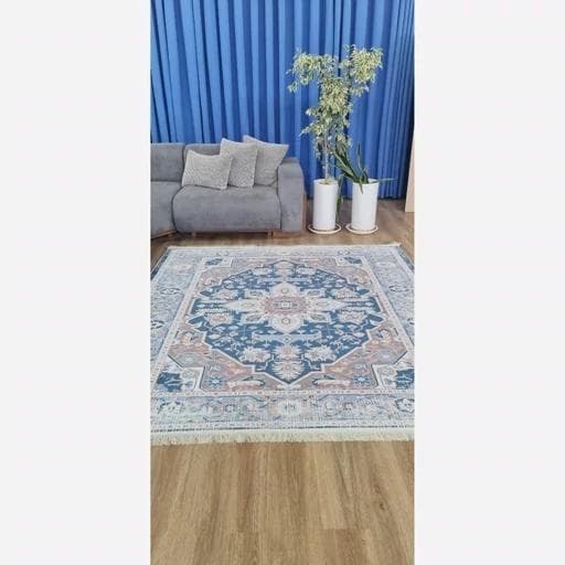 فرش ماشینی چاپی | فرشینه مخمل طرح آبی وینتیج استوپ دار O132 (پس کرایه) — تصویر ۸