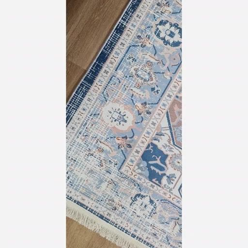فرش ماشینی چاپی | فرشینه مخمل طرح آبی وینتیج استوپ دار O132 (پس کرایه) — تصویر ۳