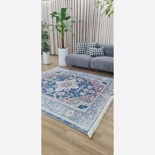 فرش ماشینی چاپی | فرشینه مخمل طرح آبی وینتیج استوپ دار O132 (پس کرایه) — تصویر ۶