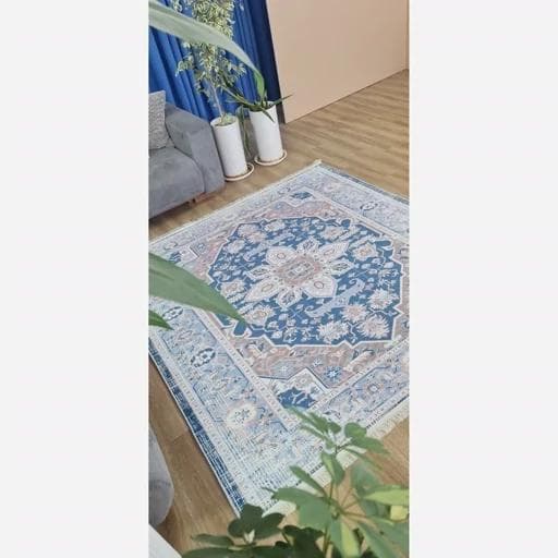 فرش ماشینی چاپی | فرشینه مخمل طرح آبی وینتیج استوپ دار O132 (پس کرایه) — تصویر ۷