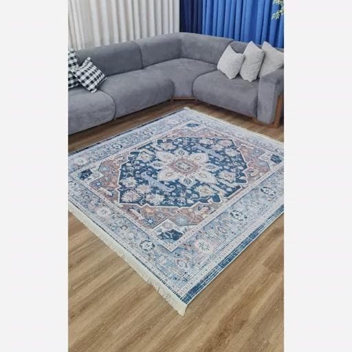 فرش ماشینی چاپی | فرشینه مخمل طرح آبی وینتیج استوپ دار O132 (پس کرایه) — تصویر ۴